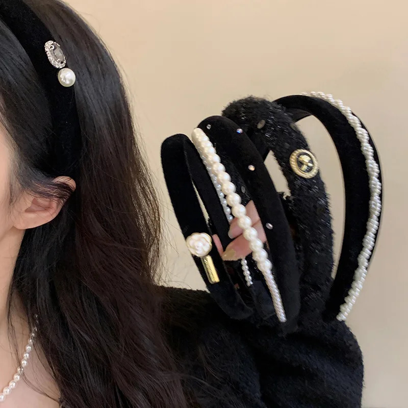 Rose Black Velvet Hair Bands For Women Classic Korea Design Camellia Pearl Ribbon Headdress Head Wrap Headband Wholesale 240810