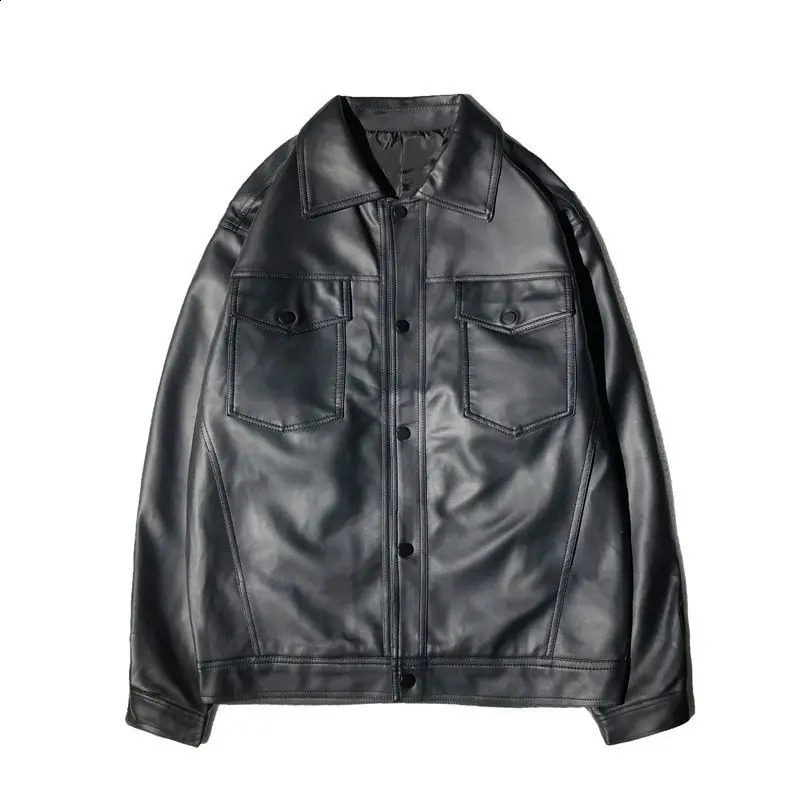 Autumn and Winter Mens Solid Polo Neck Button Pocket Loose Long Sleeve Leather Cardigan Jacket Fashion Casual Coat 240814