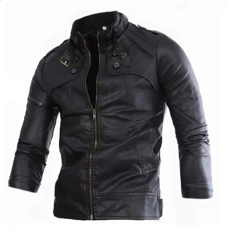 Autumn Mens Casual Fashion Standing Neck Slim Fit PU Leather Jacket Solid Leather Jacket Mens Windproof Motorcycle 240814