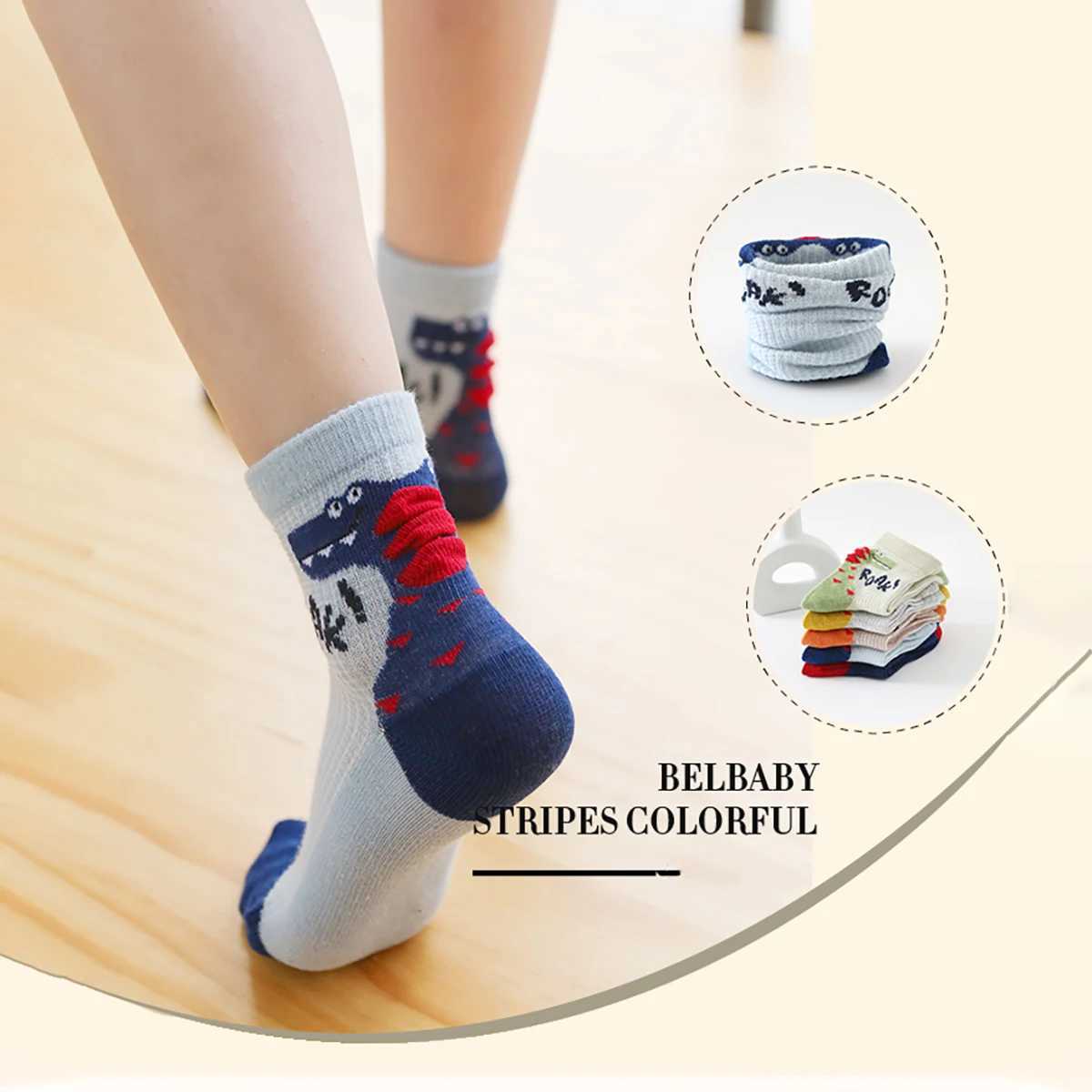 5 pairs of cute socks with cartoon dinosaur patterns suitable for boys and children breathable comfortable highly elastic and sweaty W240814