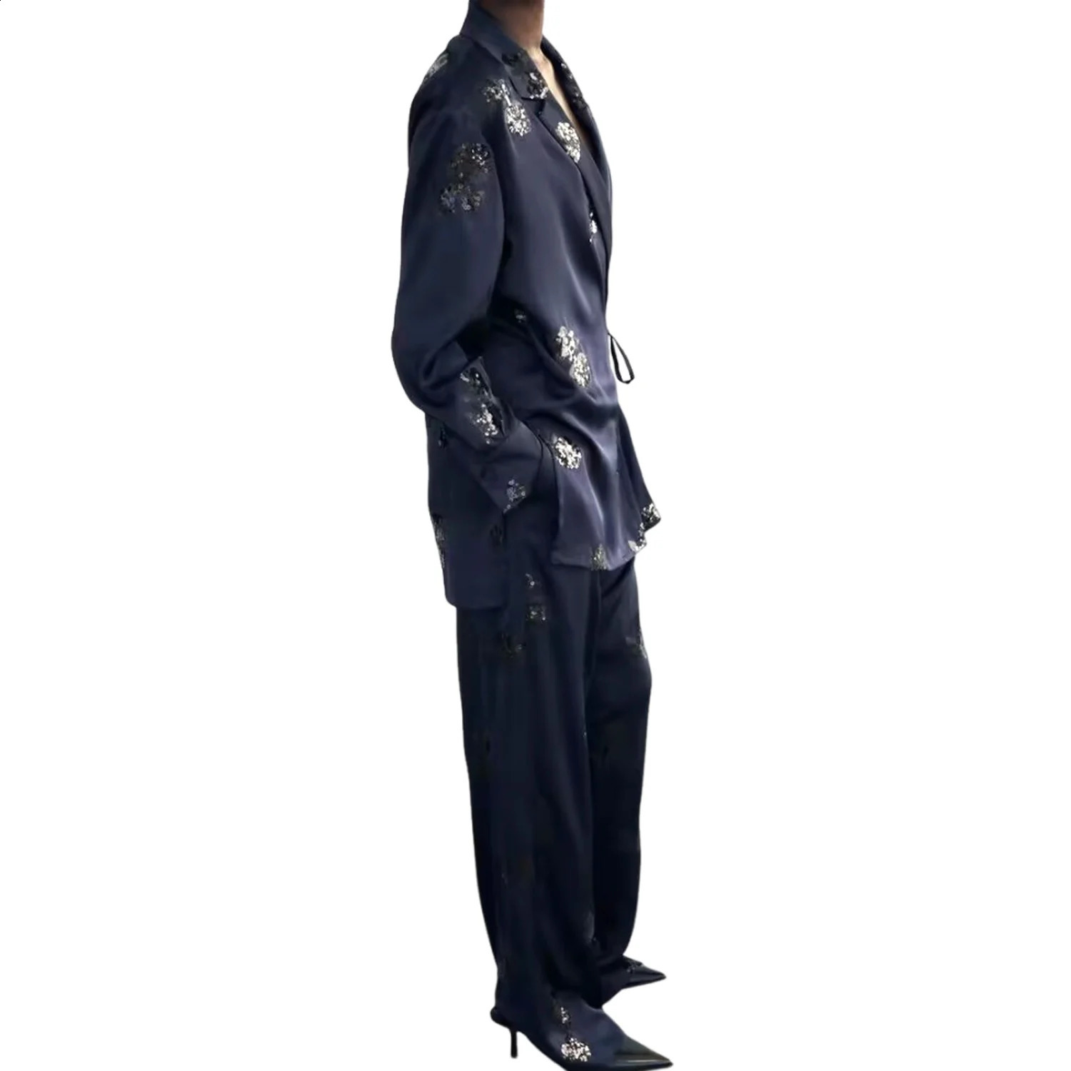 Womens Jacket and Kimono Tie Up Long Sleeved Top Satin Sequin Fashionable Temperament Straight Leg Pants Set 240821