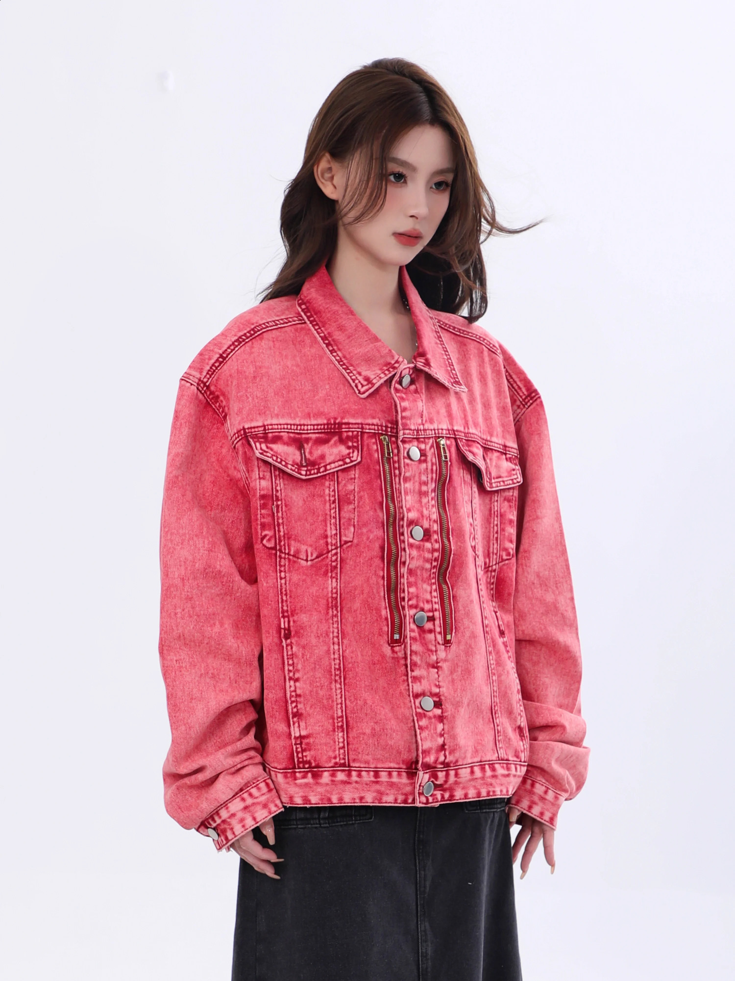 REDDACHiC Y2k Red Distressed Women Bomber Jacket Vintage Wash Zipper Patchwork Demi-season Denim Jacket Korean Vintage Clothes 240814