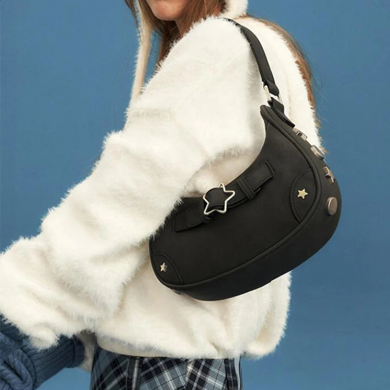 Vintage Star Handbags for Women Fashion Hobos Shoulder Underarm Bag Ladies Crescentshaped Pu Leather Armpit Purses Y2k Cool 240814
