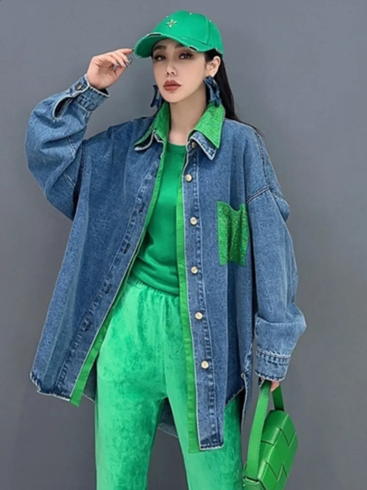 Vefadisa 2024 Autumn Green Women Patchwork Denim Jacket Lapel Long Sleeve Irregular Coat Temperament All Match Coat ZXY745A 240814
