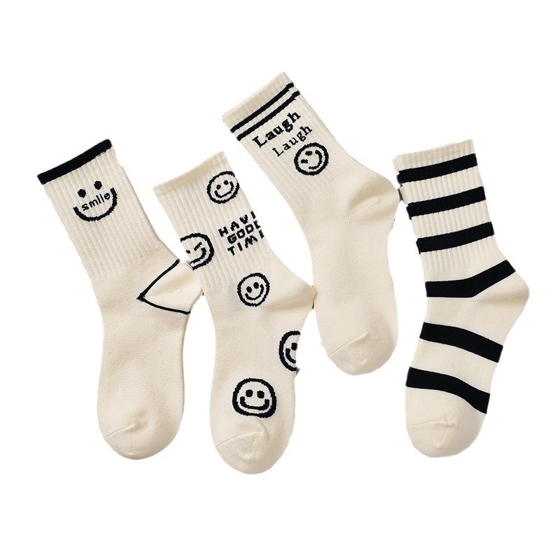 Stylish Mid-Thigh Black Tights for Kids with Whimsical White Smiley Design - Perfect Street College Style Accessory