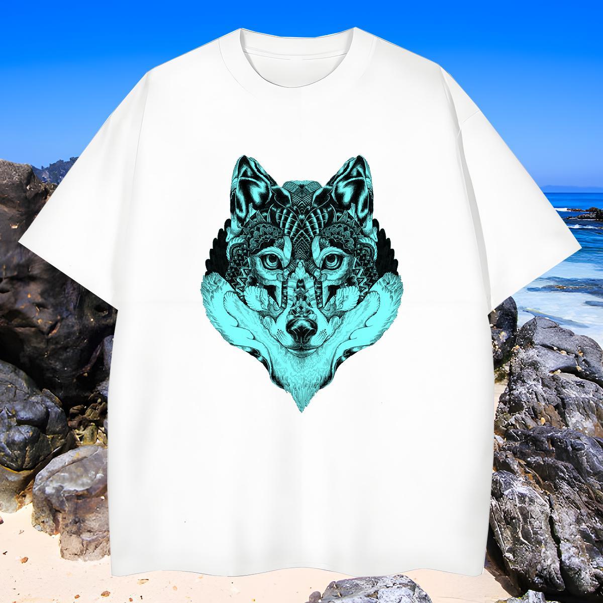 Brand T-Shirts for Men wolf Breathable Short Sleeve Casual Daily Wear Custom Cartoon 230g Cotton Men Tees DIY Tees Shirts