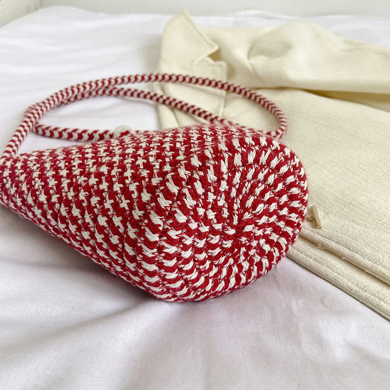 Womens Cotton Woven Bag Summer Trendy Portable Beach Bucket Crossbody Knitted Shoulder for Travel 240814