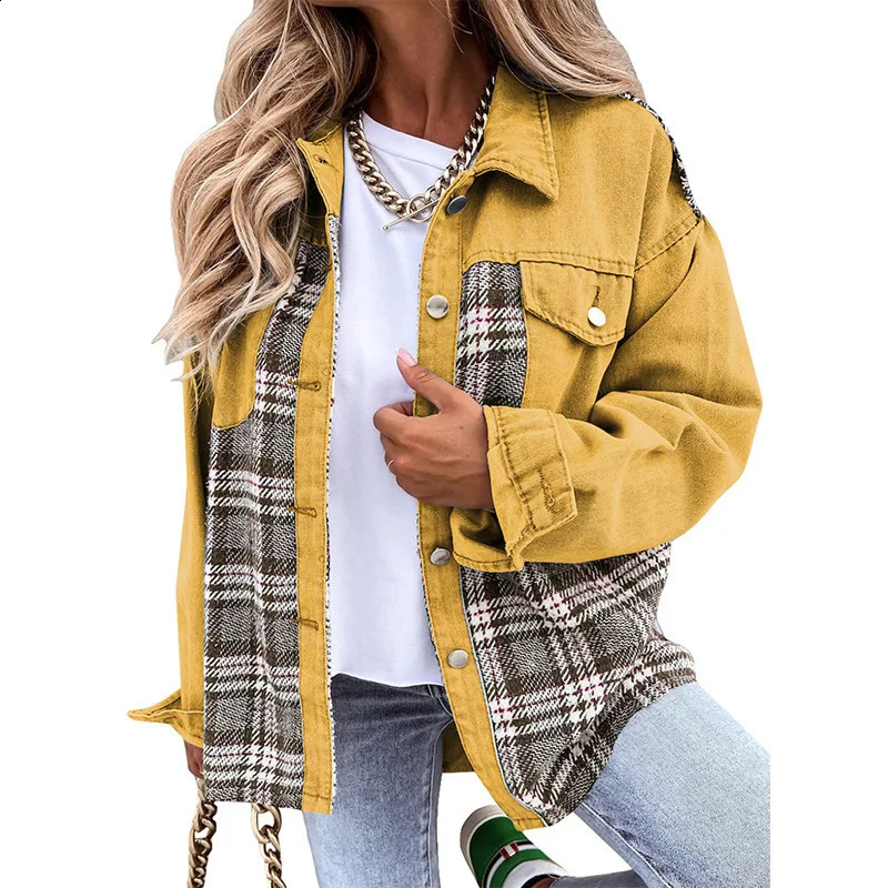 Women Turn-down Collar Button Coat Spring Autumn Irregular Tops Outwear Mujer Vintage Fashion Plaid Print Patchwork Denim Jacket 240814
