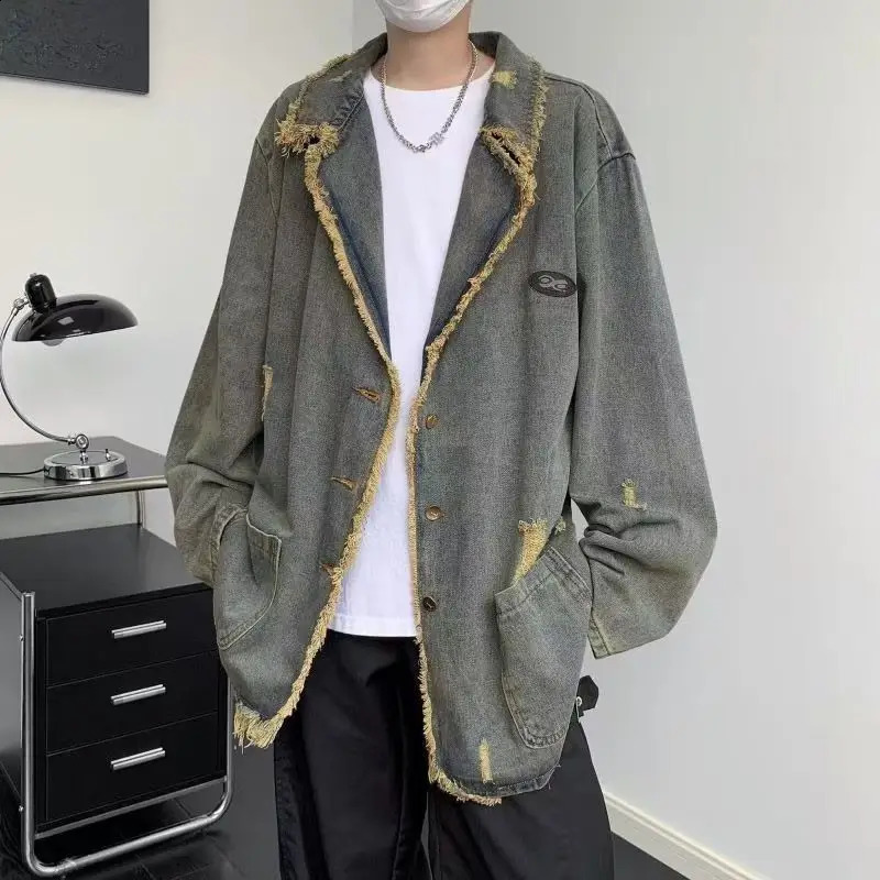 American Vintage Denim Coat Men Women Distressed Broken Hole Tassel Tailored Collar Jeans Wear Spring Autumn Loose Long Jacket 240814