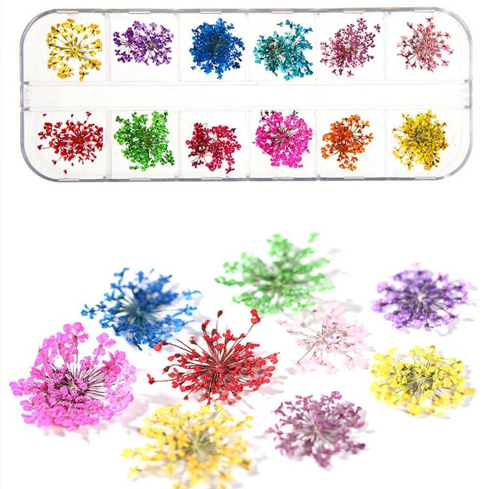 12Grid-3D Dried Flower For Nail Charms Natural Floral Sticker Mix Dry Flower DIY Colorful Decals UV Gel Polish Nail Art ManicureXJ240814
