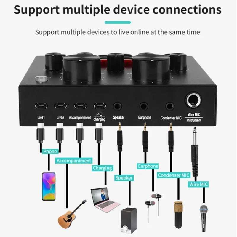 V8 Professional Sound Card Streaming Live Broadcast Podcast Recording Studio Device Voice Converter Audio Interface SoundCard B240815