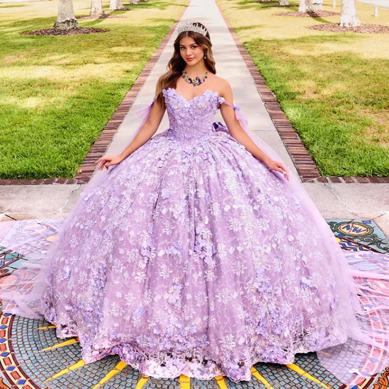 Luxury Lavender Quinceanera Dressess 2025 With Cape Applique Lace Beads Bow Ball Gowns Sweet 16 Dress Vestidos De 15 Anos
