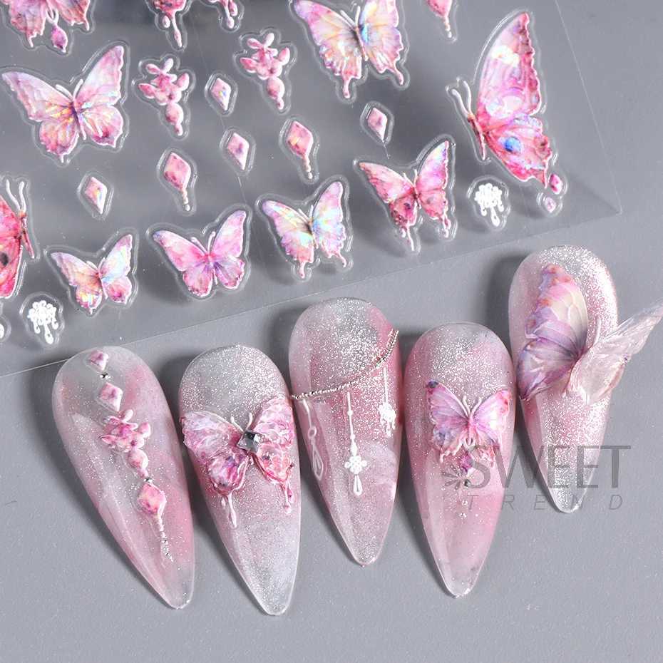 Acrylic Engraved Butterfly Nail Manicure Sticker Holographic Crystal Fairy Rose Flowers Adhesive Decals Charm Spring Foils WrapsXJ240814