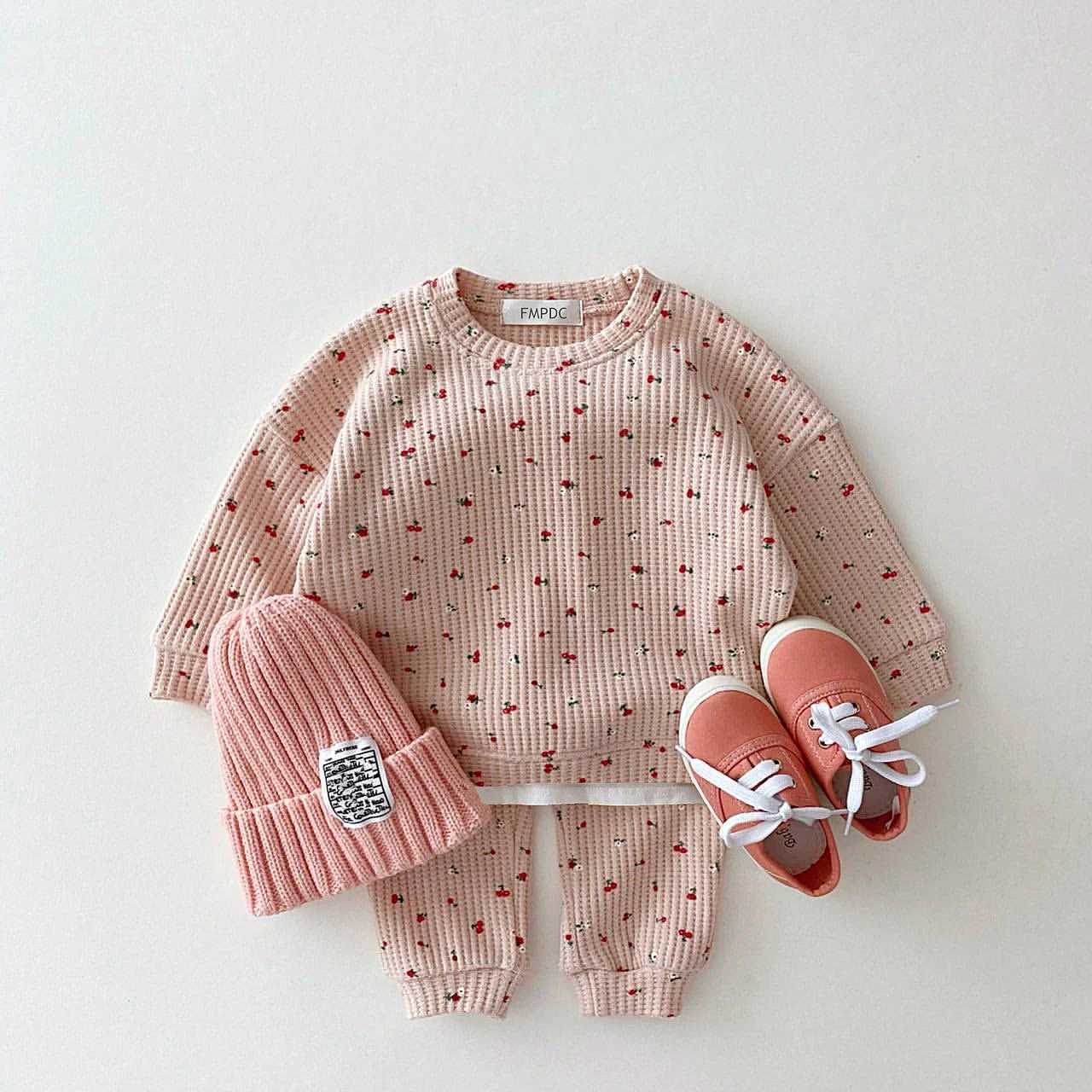 Clothing Sets 2024 New Toddler Kids Waffle Cotton Clothes Set Many Fruits Print Sweatshirt + Casual Pants 2pcs Boys Suit Baby Girl Outfits