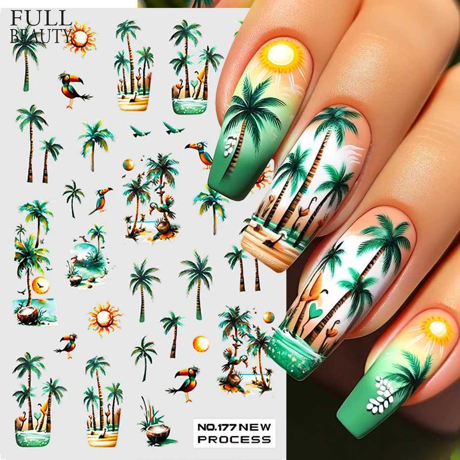 Green Coconut Tree Beach Nail Sticker Tropical Flamingo Flower Leaf Summer Nail Art Decals Adhesive Sliders Decorations ManicureXJ240814