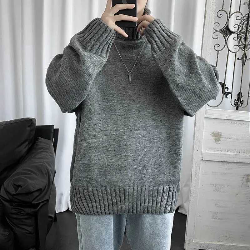 Winter Korean Solid High Neck Sweater Mens Patchwork Screw Thread Student Fashion Loose Versatile Warm Long Sleeved Knitted TopXJ240814