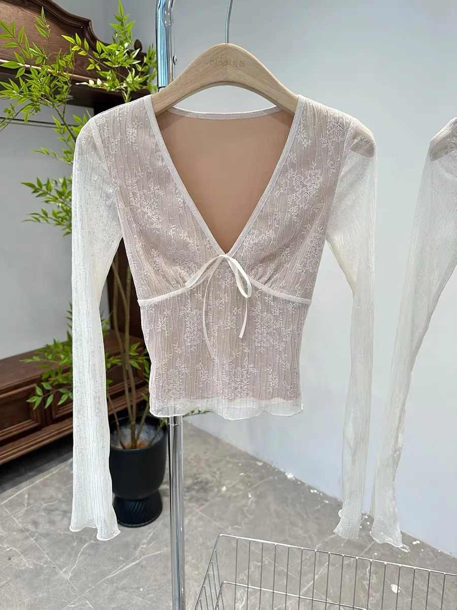 Deeptown Coquette Aesthetic Mesh Tshirt Womens Retro Vneck Lace Bow Cut Top Y2k Sexy Slimming Long Sleeve 240814