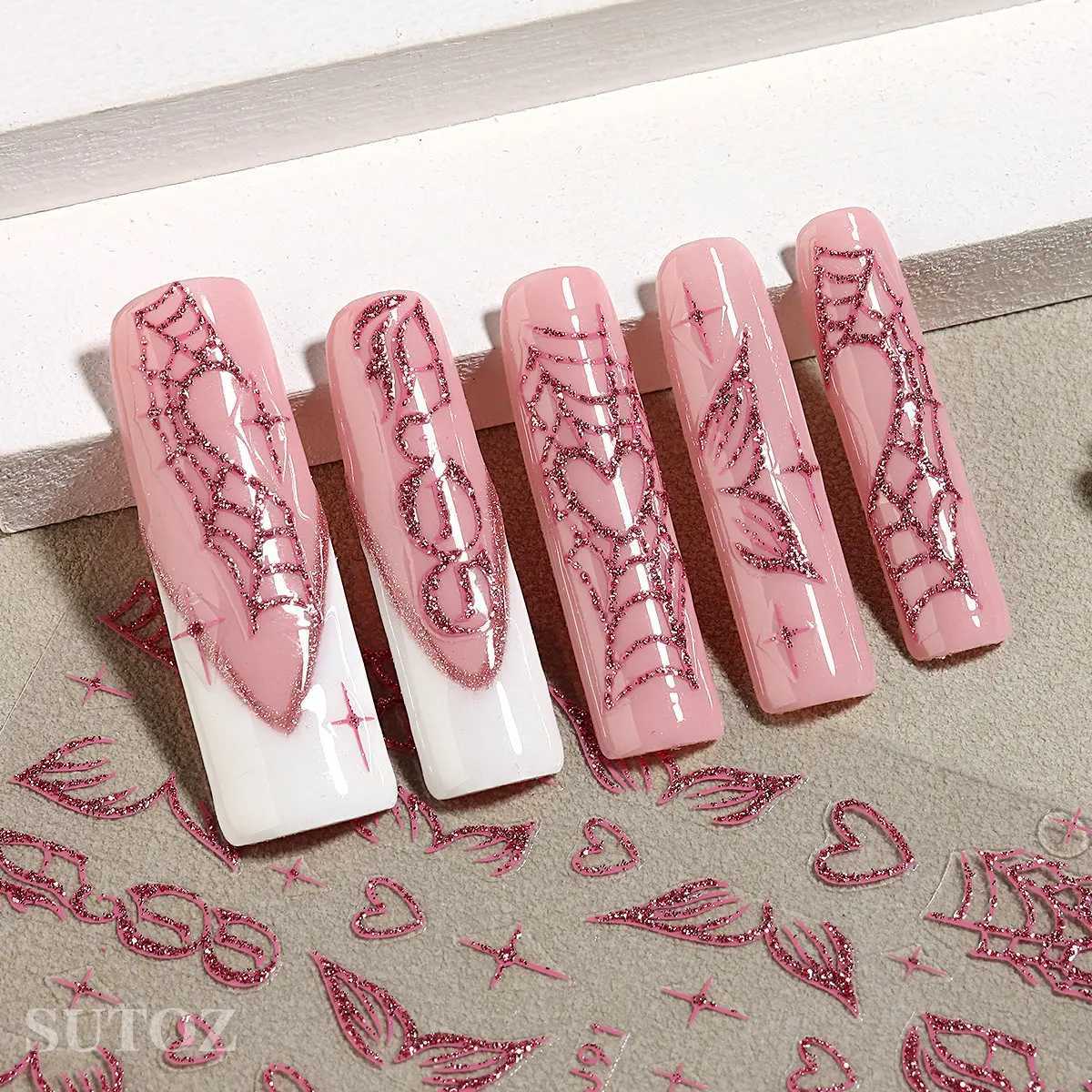 Pink Glitter Nail Art Stickers Shimmer Heart Cobweb Y2K Nail Stickers 3D Butterfly Self Adhesive Decals DIY Nail Supplies LS-J91XJ240814