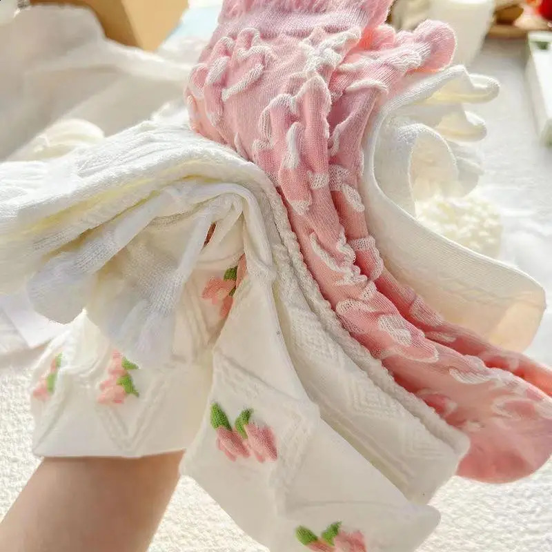 5 Pairs Lolita Japanese Woman Cute White Short Socks Set Spring Summer Sweet Ruffle Lovely Cotton Socks For Women 240815