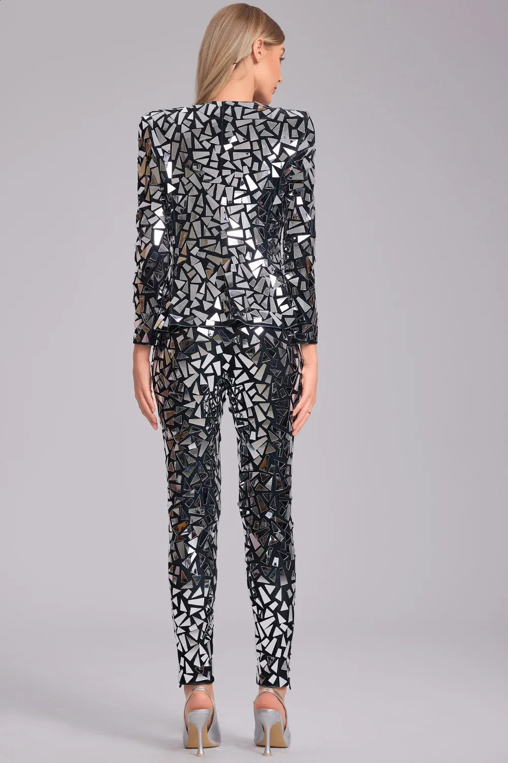 Sequin 2 Piece Top and Pants Set for Women Chic Long Sleeve Office Wear