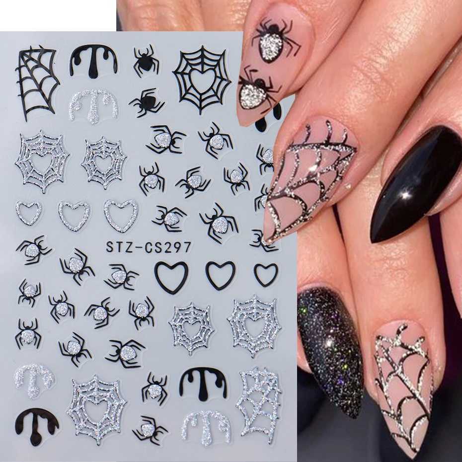 Spider Web Silver Glitter Nail Art Stickers Decals Self-Adhesive Spider Love Heart Shimmer 3D Halloween Nail Stickers SuppliesXJ240814