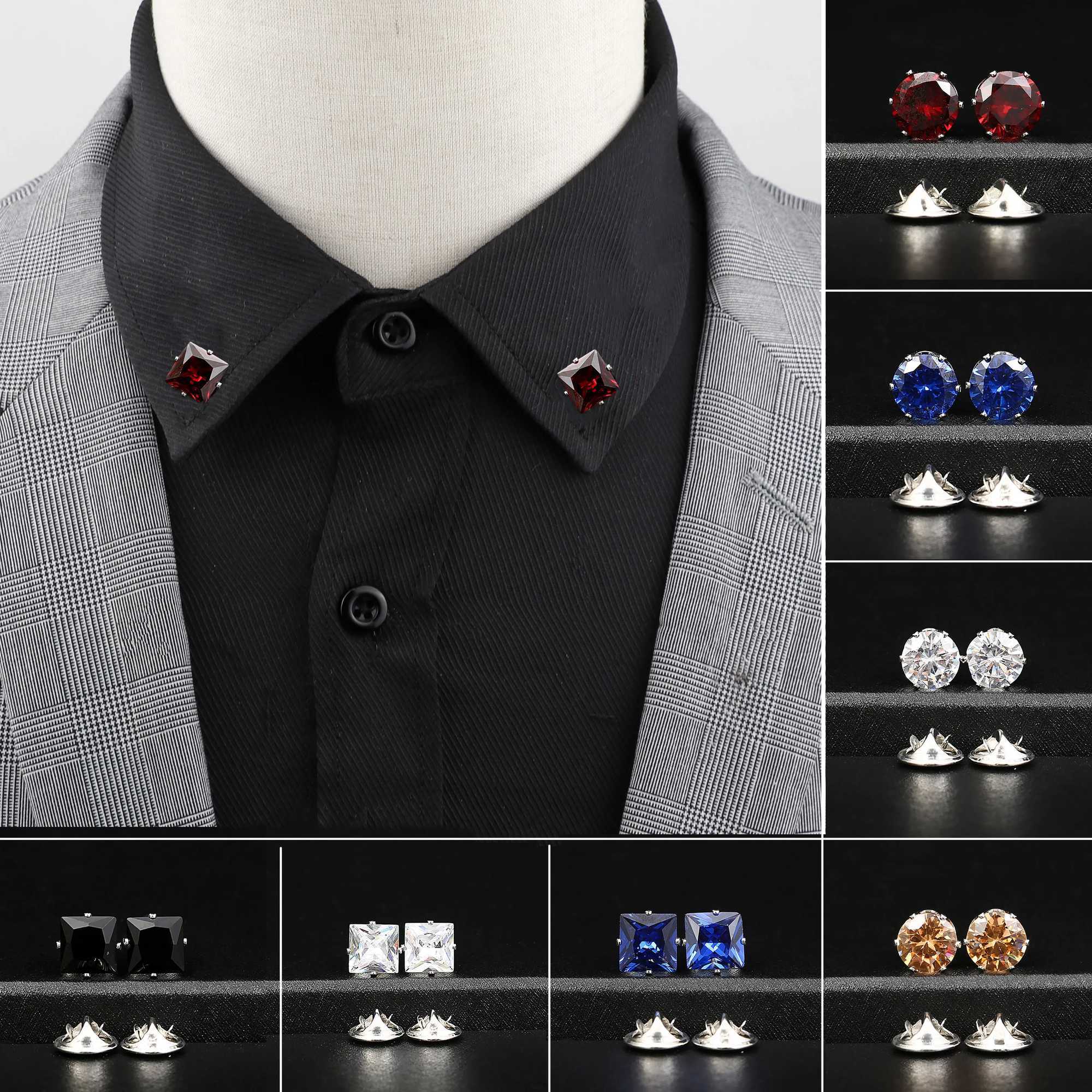 1 pair of vintage lapel pins rhinestone Brooch vintage fashion necklace red and blue aurora pin shirt set brooch jewelry accessories W240815