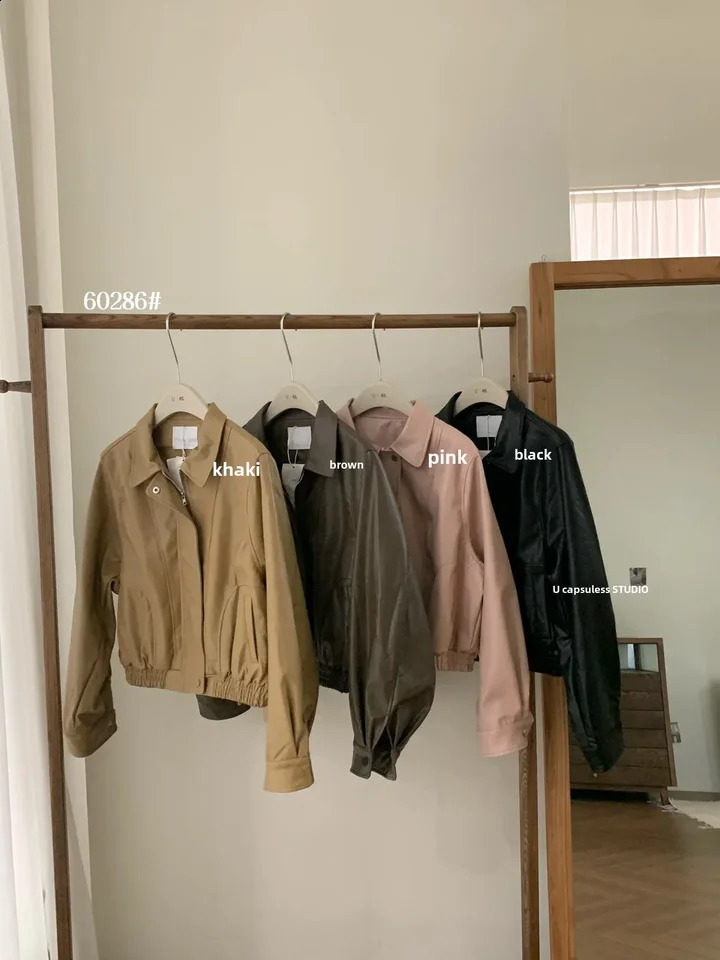 Vintagepuleather Jacket Loose-fit Petite Zipper-cropped Motorcycle Jacket Autumn Korean Style Leather Clothing For Men Women 240814