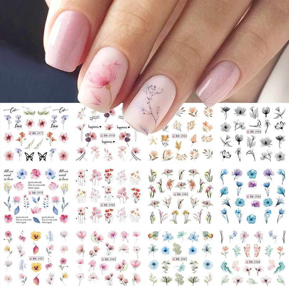12pc Spring Flowers Nail Sticker Ink Blooming Floral Design Simple Flower Leaves Water Decals Watercolor Sliders for Nails DecorXJ240814