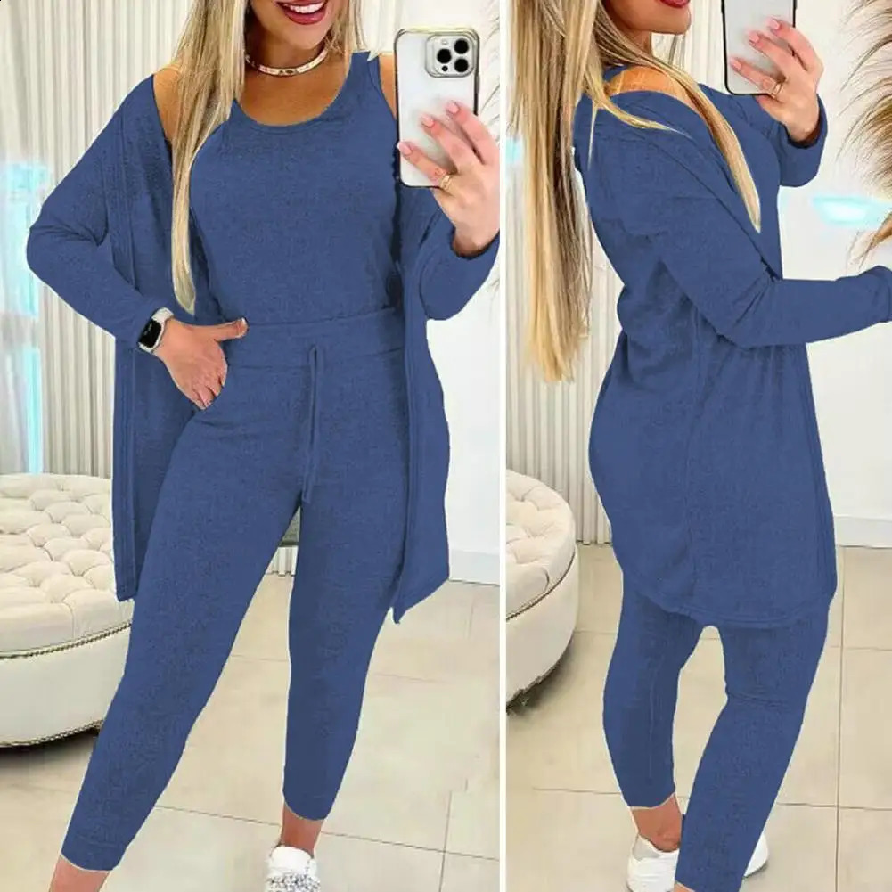 3 Pcs/Set Women Coat Vest Pants Suit High Waist Elastic Sweatpants Sleeveless Vest Mid Length Coat Sports Fall Winter Tracksuit 240809