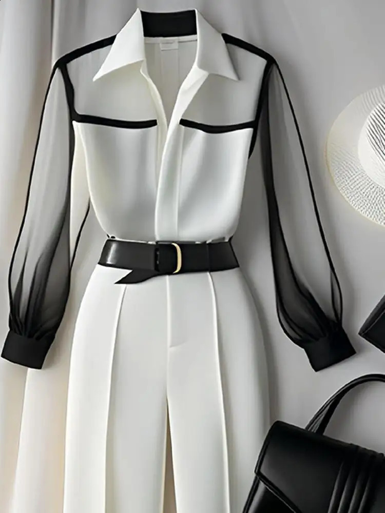 White Tailored Trousers Loose Pants Suit Womens Two Peice Sets Vintage Perspective Shirt Autumn Blouse Sleeve Korean Top 240815