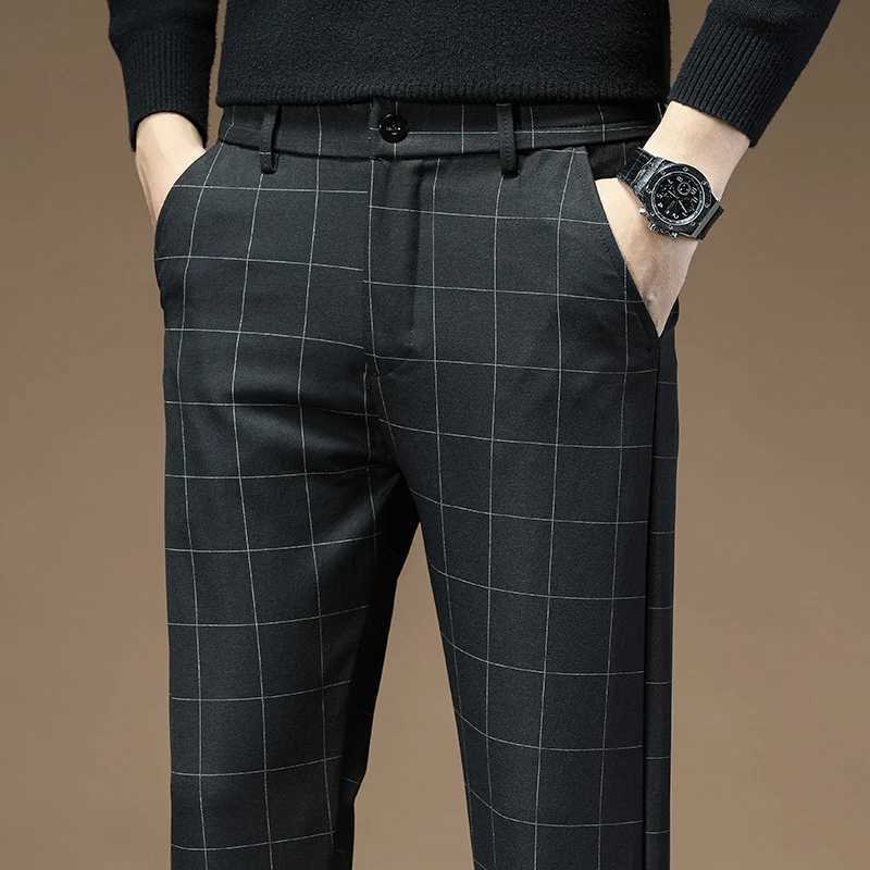 Brand Clothing 2024 autumn thick style plain weave work elastic pants for men business fashion ultra-thin gray party casual pants for menW240725