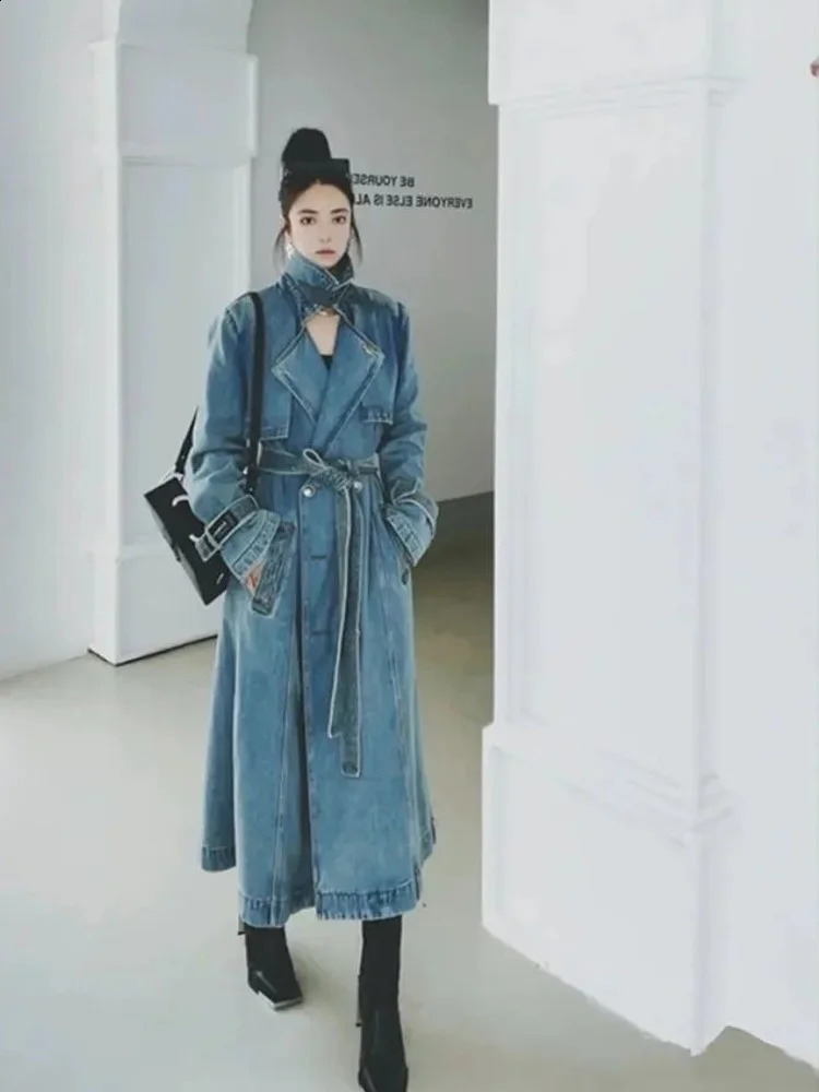 Autumn and Spring Denim Long Coat Womens y Coats Jacket Traf Trench 240814