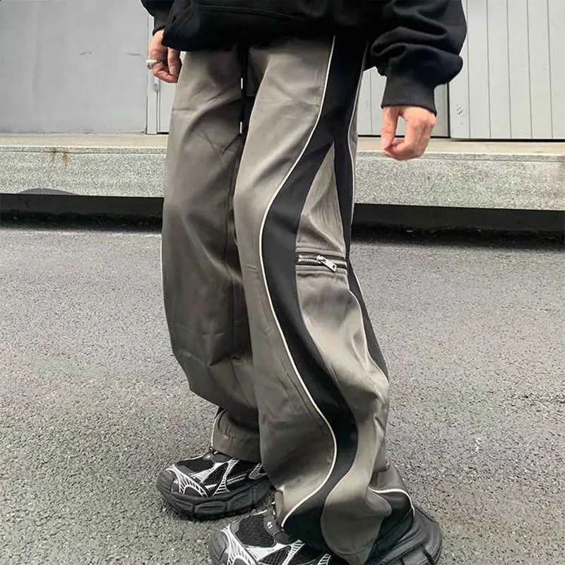Elegant Fashion Harajuku Slim Fit Ropa Hombre Loose All Match Sport Casual Pants Contrasting Colors Patchwork Pockets Trousers 240814