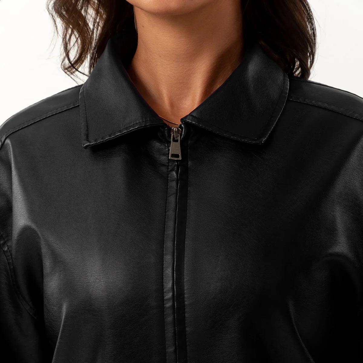 Womens Bomber Jacket Spring Autumn Leather Female Oversize Long Sleeved Lapel Casual Coats 241218