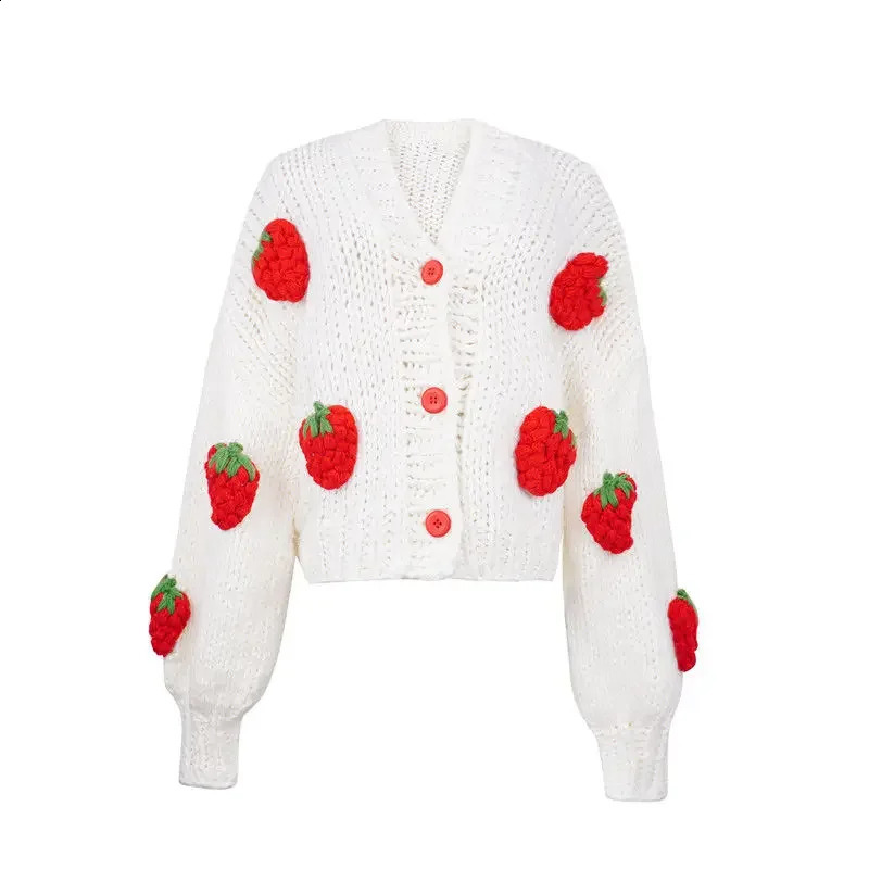 Large Size Women Sweater Spring Autumn Puff Sleeve Strawberry Sweet Full Cardigans Loose Girls Sweater Euro-America Style 240812