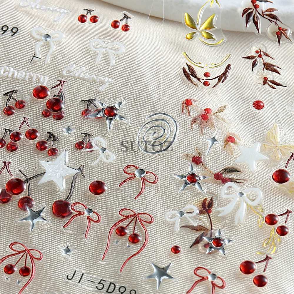 5D Embossed Nail Stickers Cherry Bow Star Nail Sliders Y2K Butterfly Decals Acrylic Design Manicure Art Deco Supplies LEBJI-5D98XJ240814