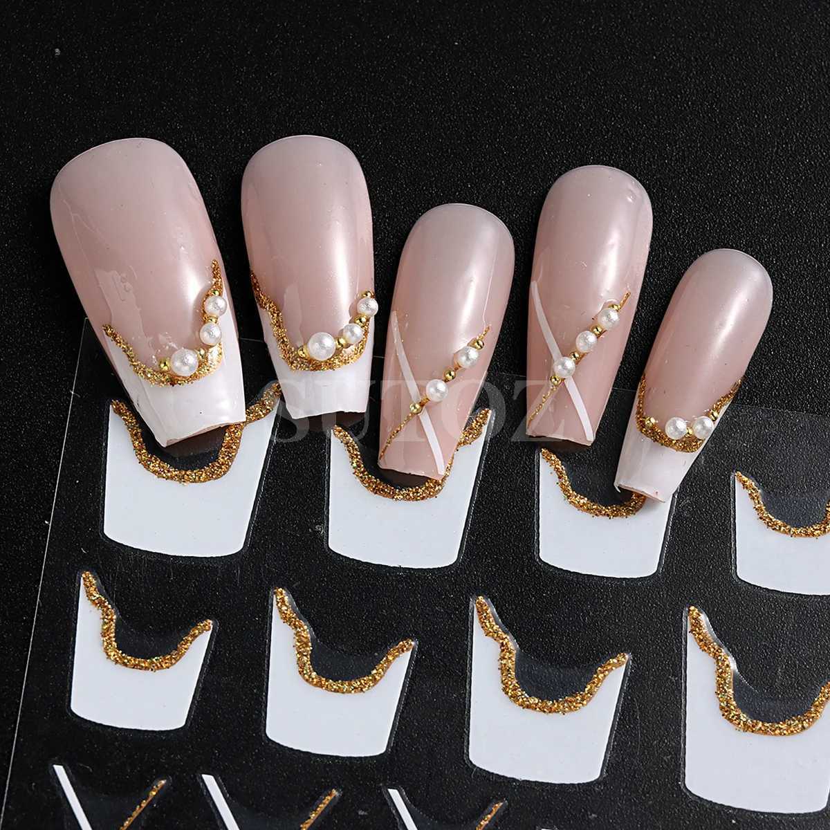 Gold Glitter French Design 3D Nail Stickers Curve Lines Swirls Wave Nails Art Sliders Reflective Flakes Decals Manicure LELS-J72XJ240814