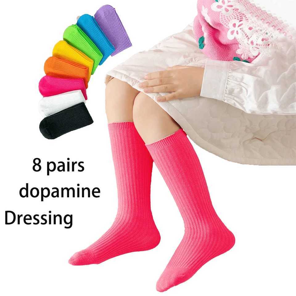 8 pairs of childrens socks cotton blend breathable knee length socks solid color cute dress socks dopamine dress W240814