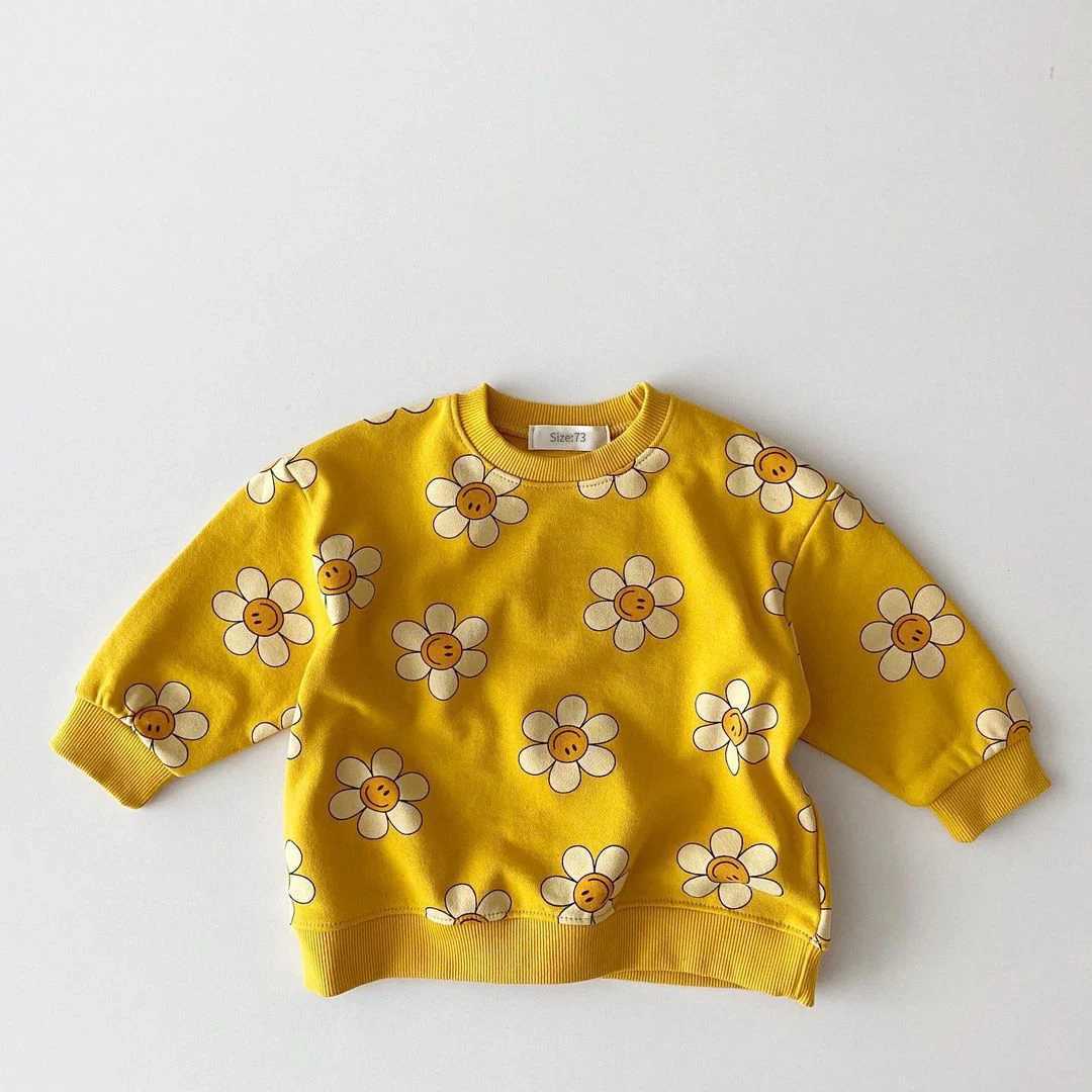 Clothing Sets 2024 Baby Girls Clothes Hoodies O-Neck Toddler Girls Flower Smiling Face Sweatshirts Oversize Casual Boys Outwear Casual Hoodie
