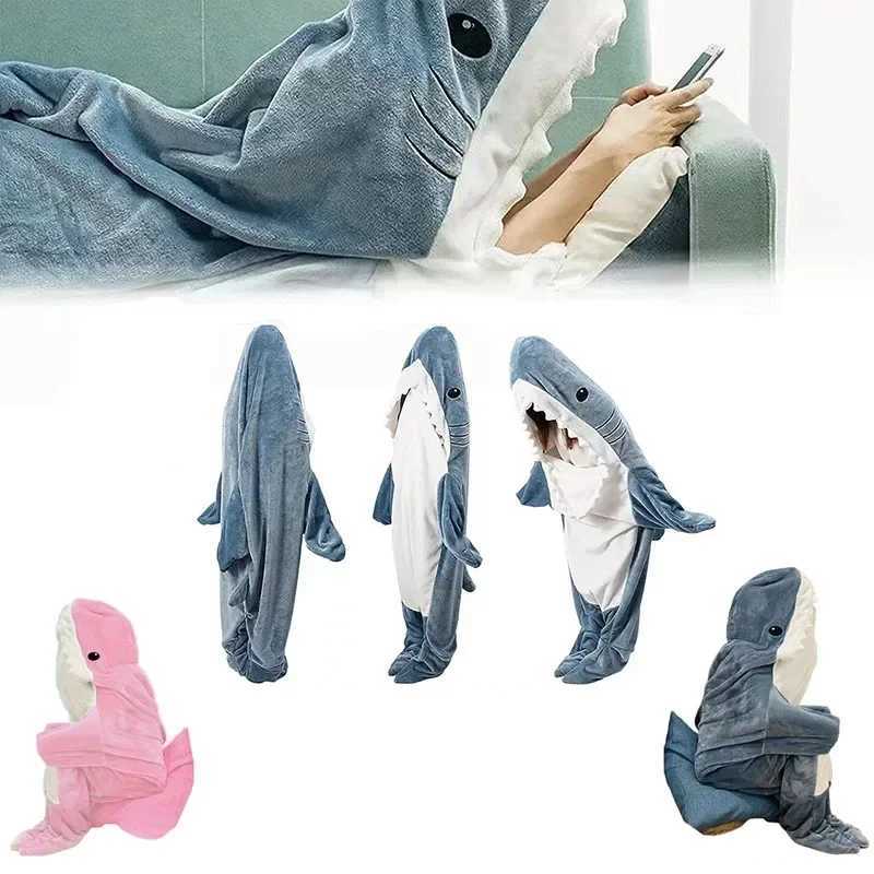 Cartoon Sleeping Bag for Children and Adults Shark Blanket Soft Cozy Fabric Mermaid Shawl Wearable Tiburon Pajamas Gift Y240815