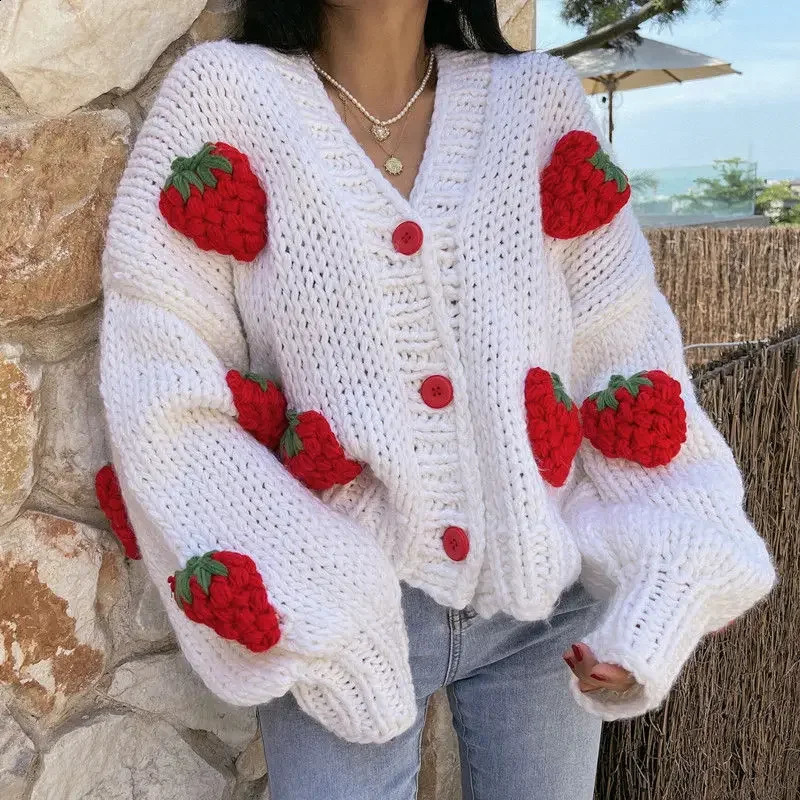 Large Size Women Sweater Spring Autumn Puff Sleeve Strawberry Sweet Full Cardigans Loose Girls Sweater Euro-America Style 240812