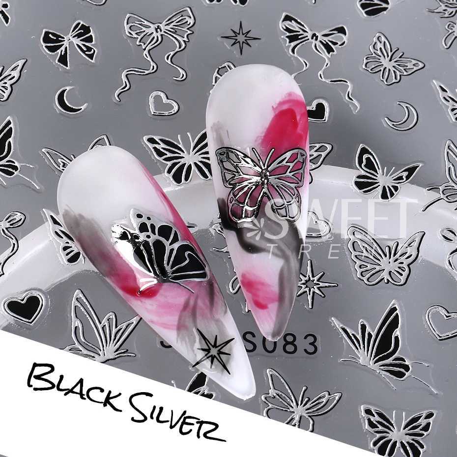 Black Silver Chrome Butterfly Nail Stickers Metal Mirror Star Gilded Design Decals DIY Summer Red Moon Decoration Manicure WrapsXJ240814