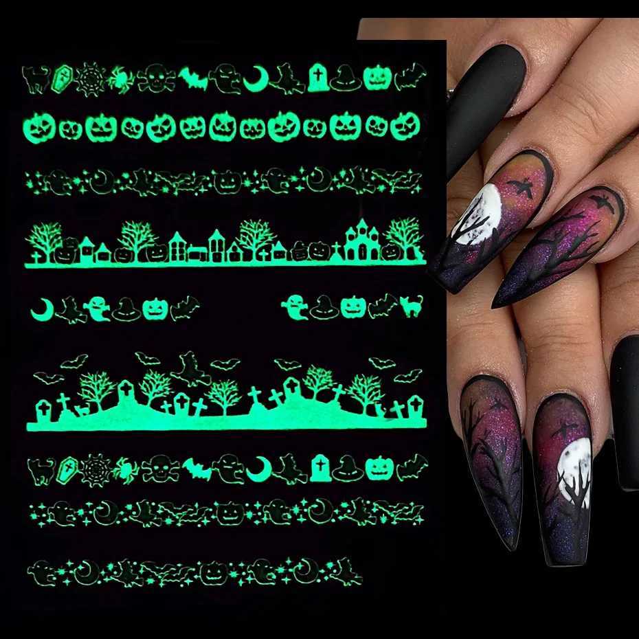 3D Luminous Nail Stickers Decals Spider Web Halloween Black White Glowing in the Dark Nail Art Sliders Foils Tattoo TRCY046-054XJ240814