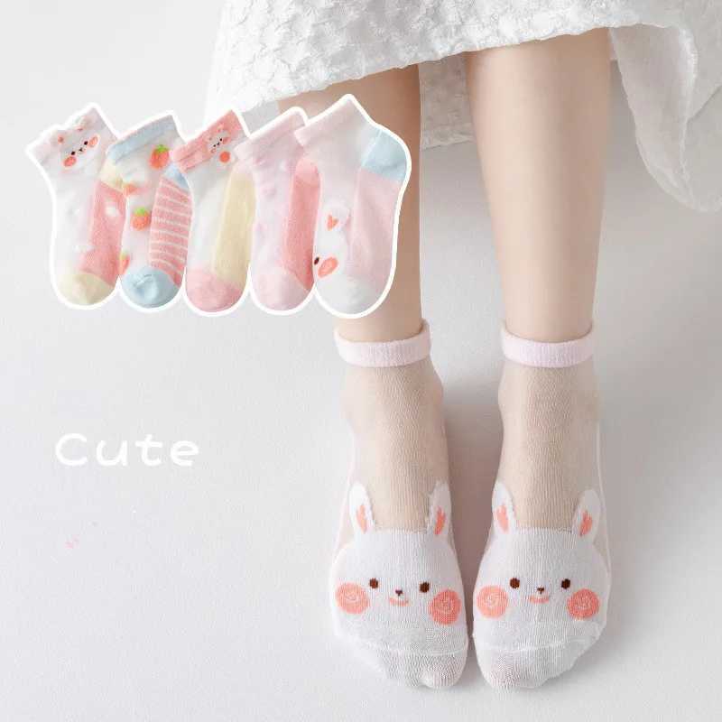 5 pairs/batch of summer soft cotton girls socks breathable childrens short ankle socks childrens lace princess net cartoon socks W240814