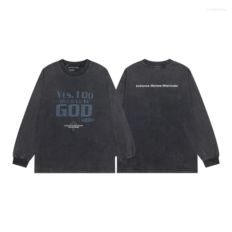 Men's Hoodies Hiphop Street Men Women Long Sleeve Tshirt ERD Sweatshirts Yellow Abstract Print Letter Vinatge Washed Hole Black Pullover