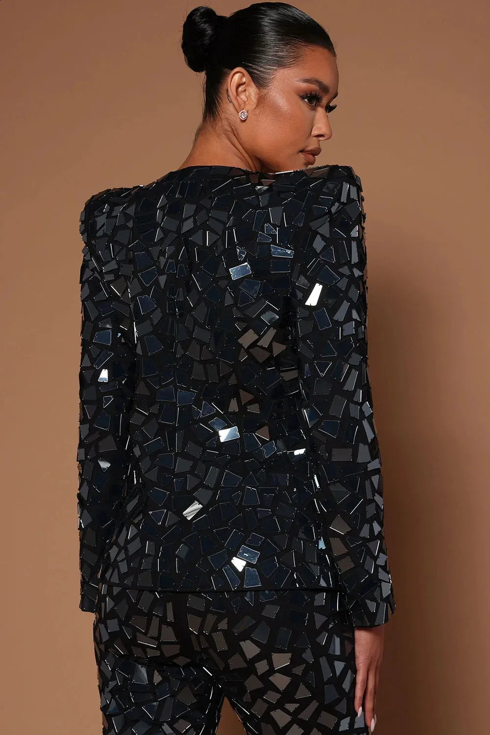 Sequin 2 Piece Top and Pants Set for Women Chic Long Sleeve Office Wear