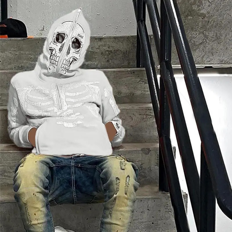 Hip Hop Sweatshirt Rhinestone Skull Graphics Oversized Couples Hoodie Y2k Clothes Full Zip Up Punk Sport Jacket Men Streetwear 240810