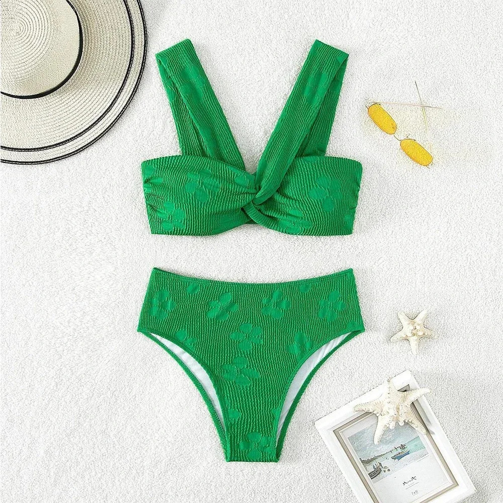 2 Piece Bikini Solid Color Swimsuit Women High Waist Bathing Suit Knotted Suspender Backless Swimwear Summer Beachwear Y268 240813