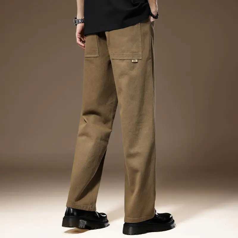 Spring/Summer Solid Color Fashion Straight Pants Mens Street Korean Zipper Pocket Patch Work Wide Leg TrousersW240725