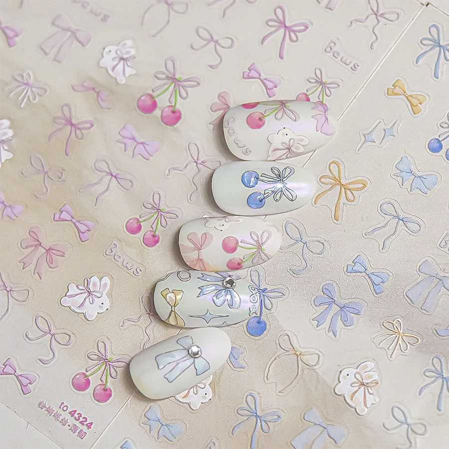 Colored Cherry Rabbit Rhinestone Love Heart Bowknot Strawberry Ribbon Flower Pearl Nail Art Decoration Sticker Manicure DecalXJ240814